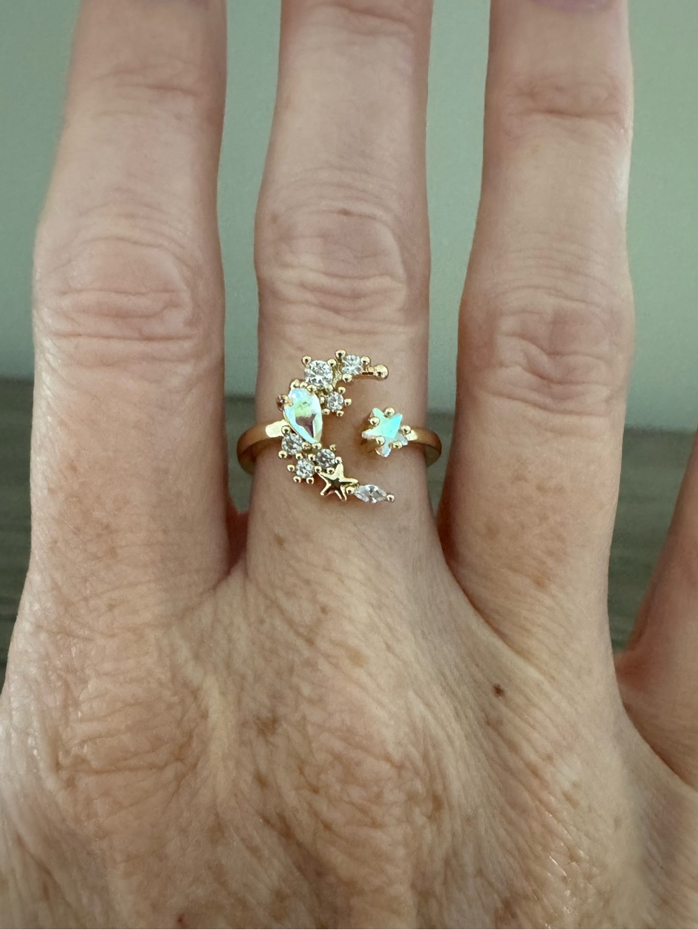 NEW Ring Gold Moon with Star Gem Adjustable Ring One Size Celestial Dainty